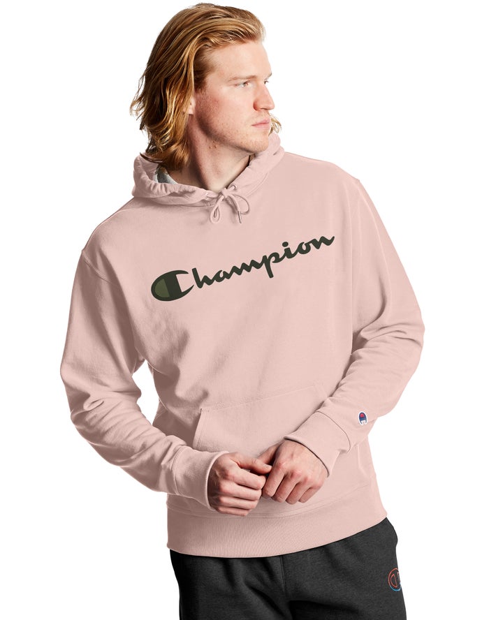 Champion Powerblend Fleece Script Logo Erkek Kapşonlu Sweatshirt Pembe ( JWKTME839 )